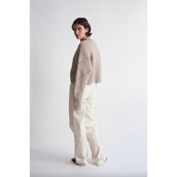 THAKOON Merino Wool Ribbed Crewneck Sweater Medium Crop Pullover Argyle Knitted - Picture 5 of 11